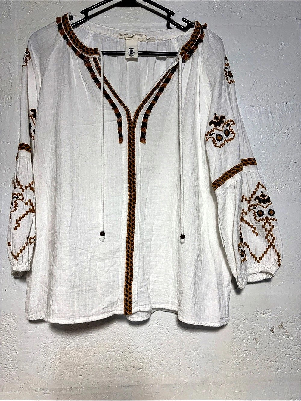 H&M Embroidered White & Brown Blouse Size 6
